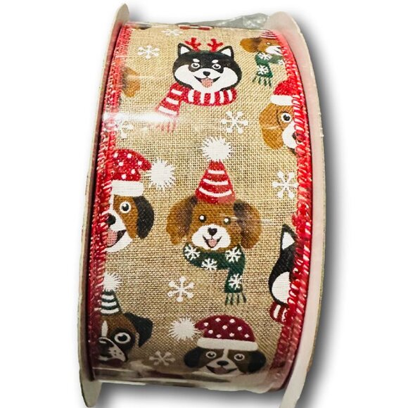 Kirkland Christmas Wire-Edged Ribbon Dogs Scarves Puppies Pets 2.5" wide 50 yard - Picture 2 of 2